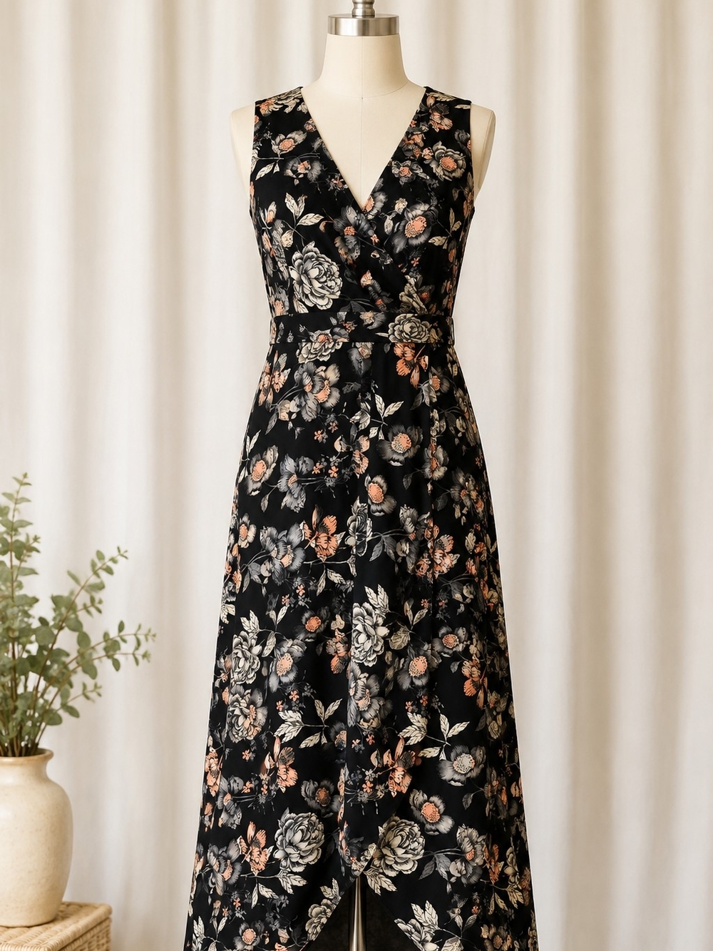 One Clothing Floral Faux Wrap High Low Midi Dress Black Pink Gray Sleeveless M